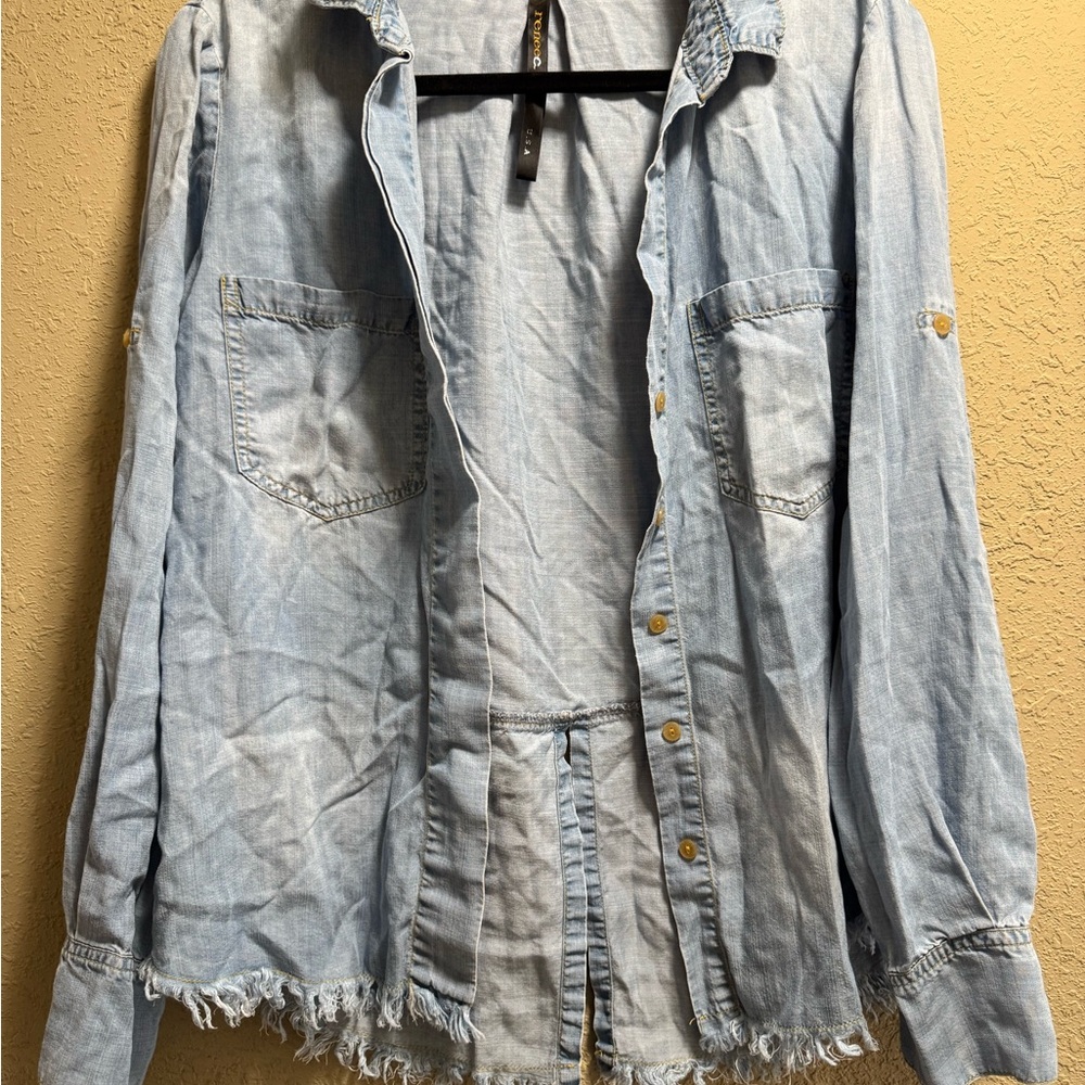 Renee C. Light Wash Denim Jacket with Frayed Hem